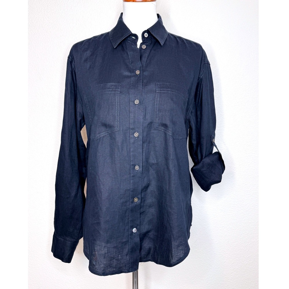 VERONICA BEARD Gil Linen Button Up Shirt S Navy Blue Roll Tab Sleeves Minimalist
